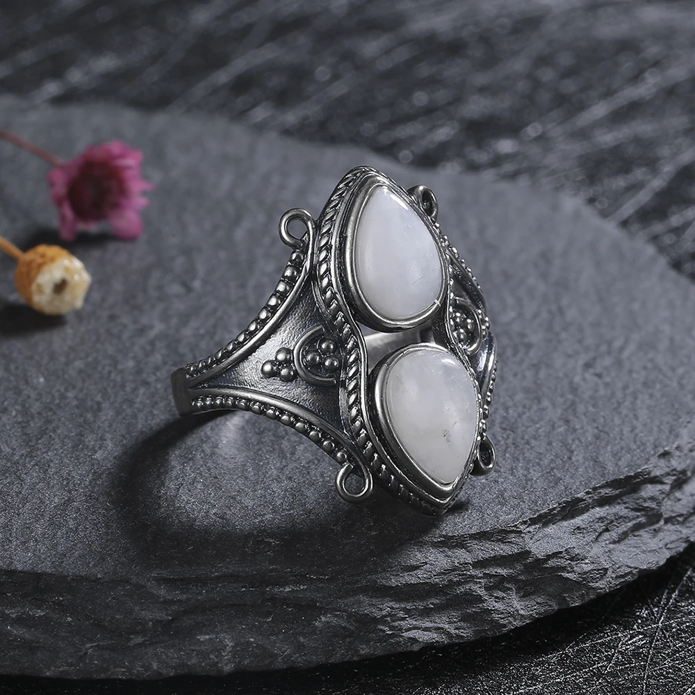 

Vintage Boho Turquoise Ring for Women, Antique Silver Tone Double Teardrop Turquoise Filigree Band Ring,Western Bohemian Jewelry