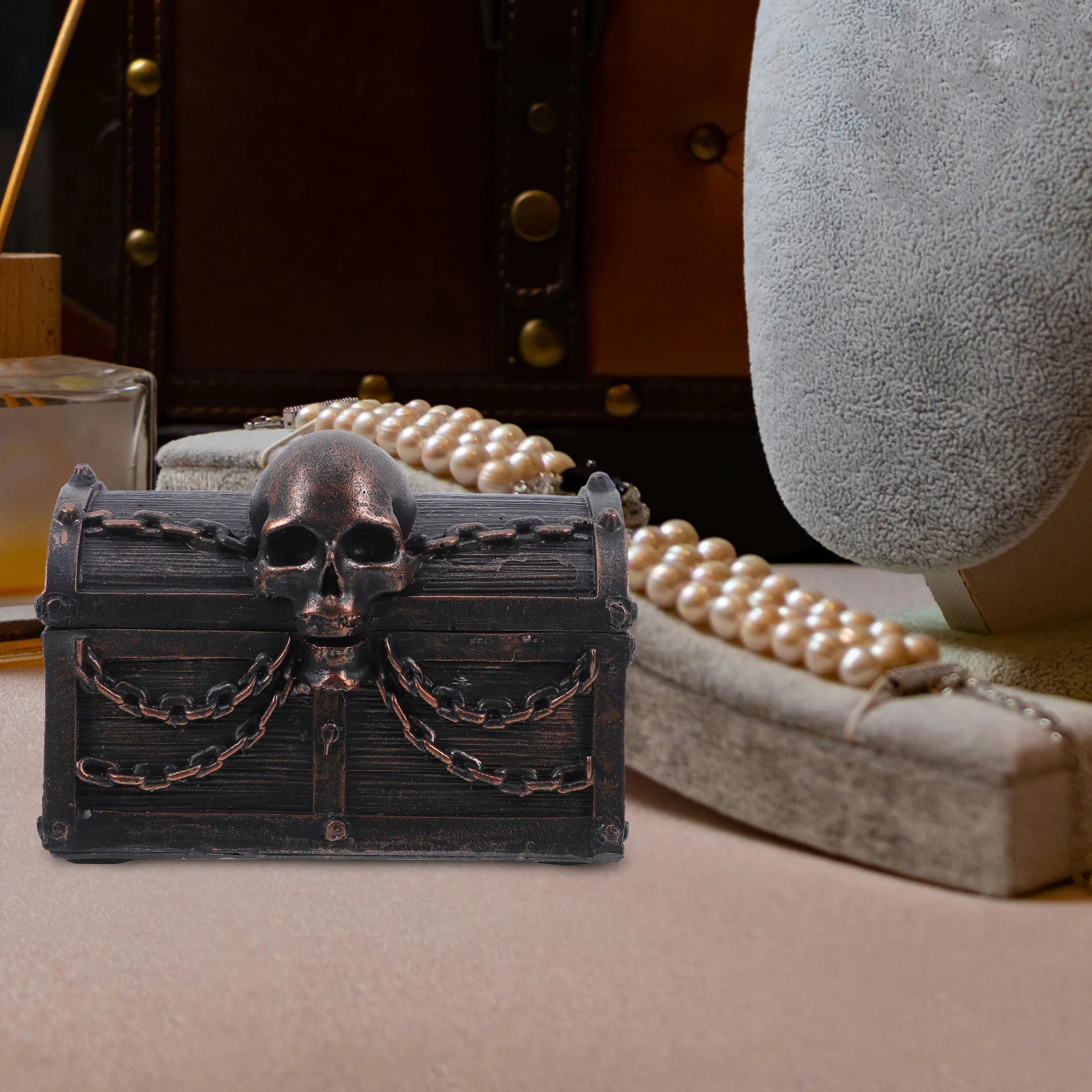 

Череп Скриня сокровища Смола Коробка для хранения Откидная крышка Многофункциональный органайзер для ювелирных изделий Настольный декоративный ящик для хранения на память