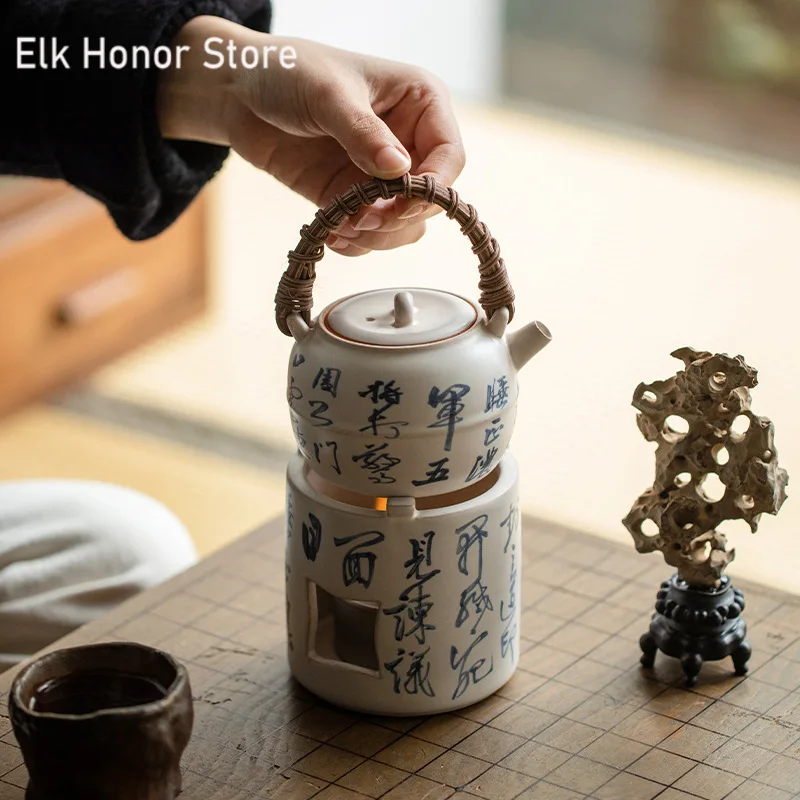 Vintage Pottery Teapot Warmer Chinese Calligraphy Kettle Stand Kung Fu Tea Ceremony Flat Heater for Tea Candle Holders Stove