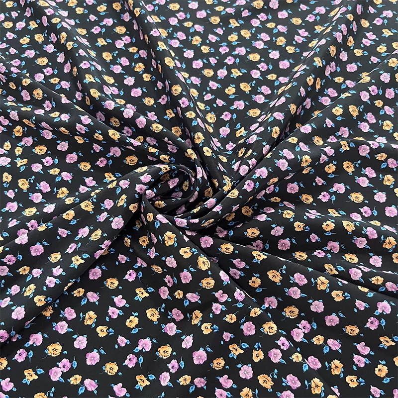

1 meter 95% Mulberry Silk 5% Spandex 19 momme Crepe Silk Fabric Black Floral Printed 140cm 55" wide by the yard XX429