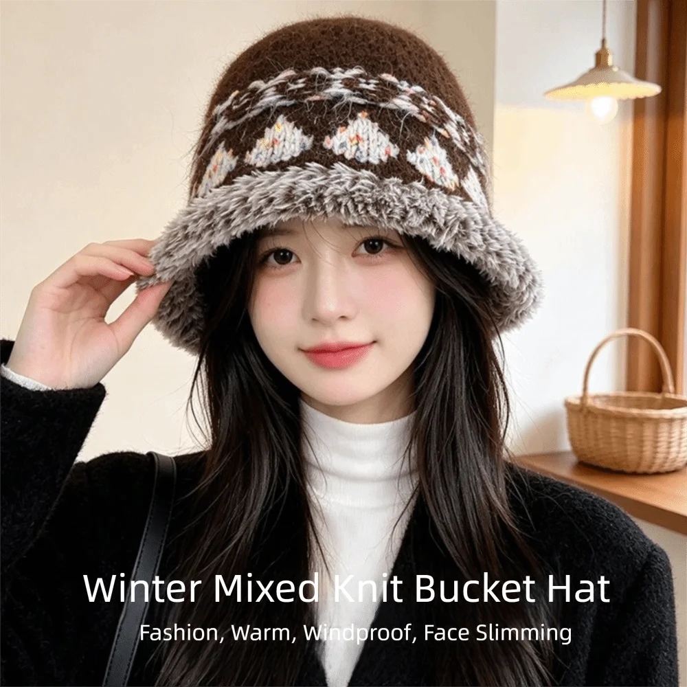Jacquard Design Knitted Bucket Hat Knit Texture Retro Style Windproof Warm Cap Face-flattering Shape High-end Fabric