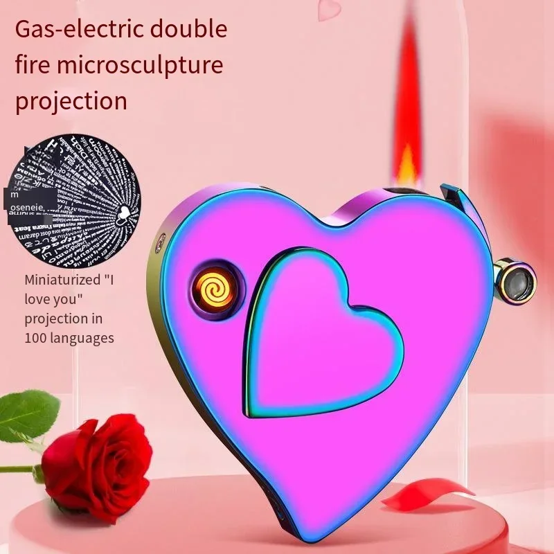 Love Heart Shape Lighter Gift Box Set Gas Electric Dual-Use Micro-Engraved Projection Lighter Rechargeable Metal Cigar Lighter