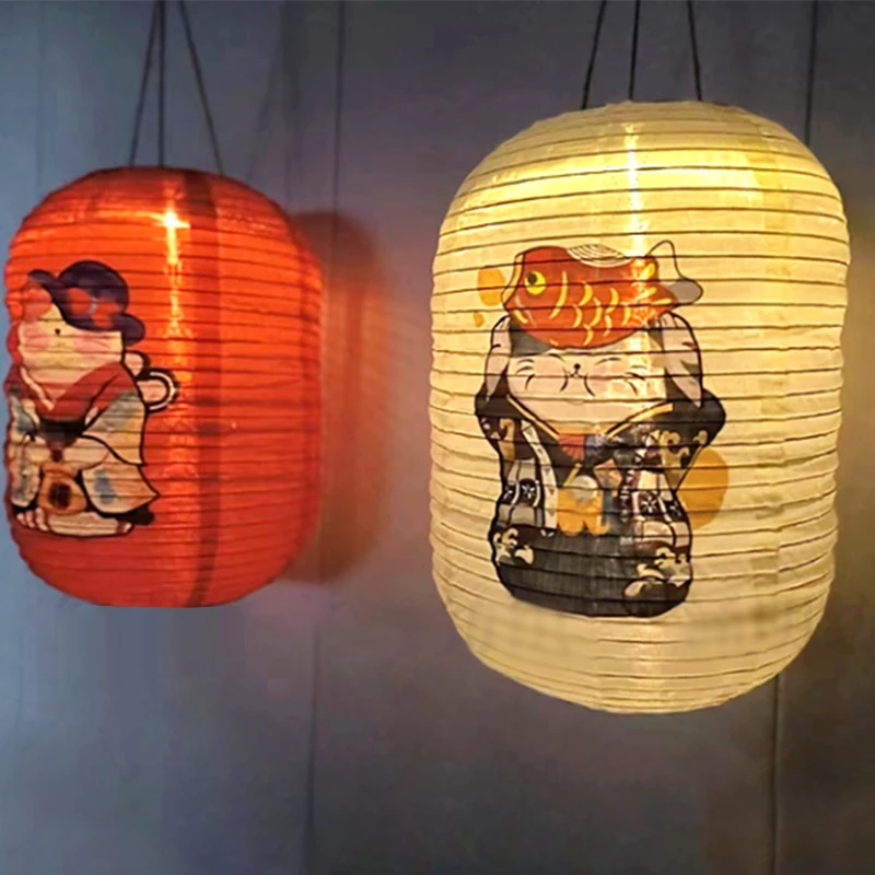 

Japanese Lantern Waterproof Birthday Party Decorations Lucky Cat Print Sashimi Bar Restaurant Hotel Tea House Solar Led Lantern