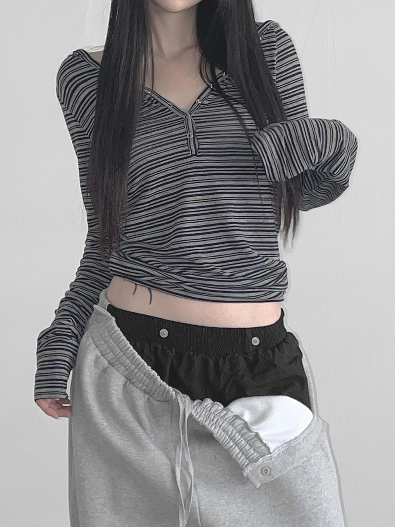 Casual Striped Breasted Long Sleeve Hooded T-Shirts Women Design Slim Fit Simple Fashion Blouses image 3