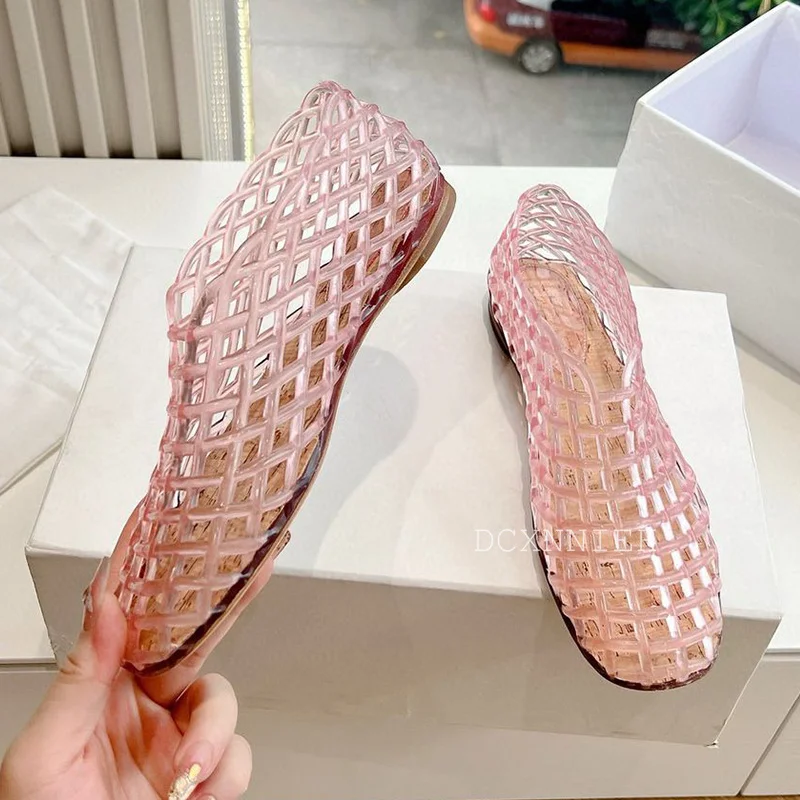 Round Toe Rubber Waterproof Flat Lazy Loafers Women Weave Hollow Outs Jelly Sandals Summer Seaside Holiday Beach Shoes 2024