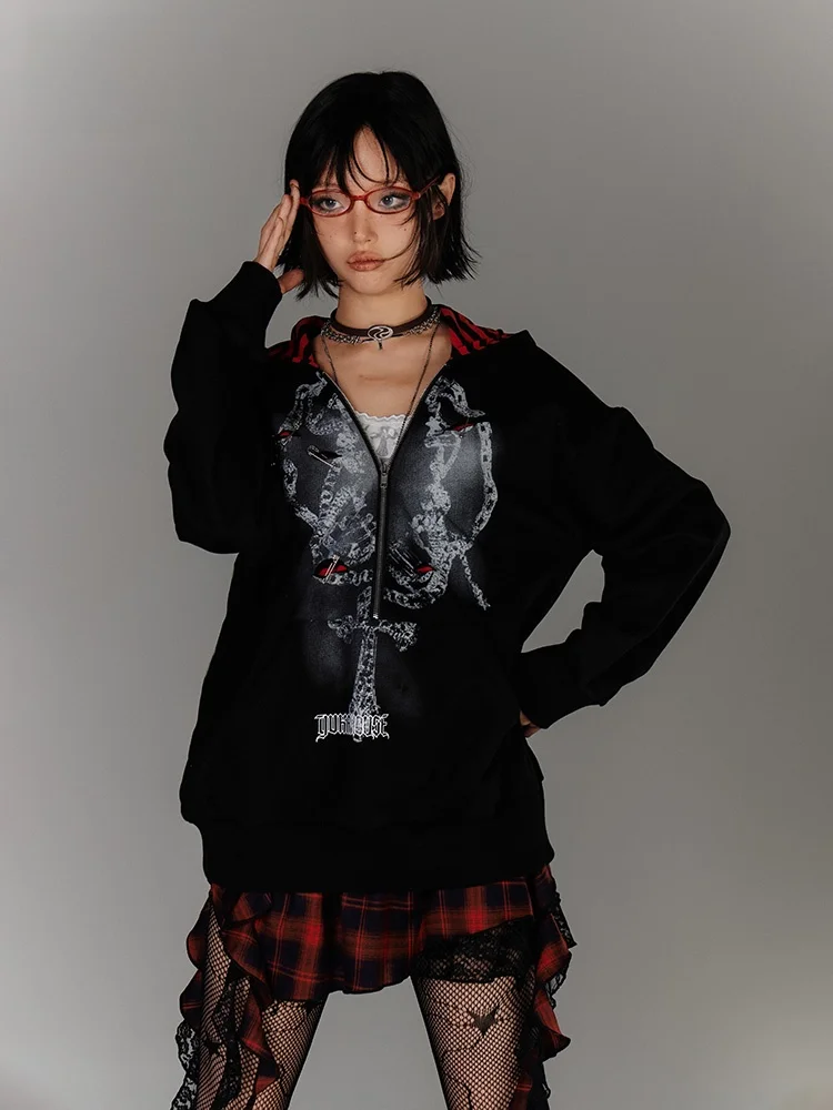 เสื้อฮู้ดดี้ทรงหลวม YUKAHOUSE รุ่นใหม่ ลายทาง ซิปหน้า สไตล์สาวทันสมัย Y2K เสื้อผ้าผู้หญิง ผ้าผสมคอตตอนและโพลีเอสเตอร์ สำหรับฤดูใบไม้ผลิ