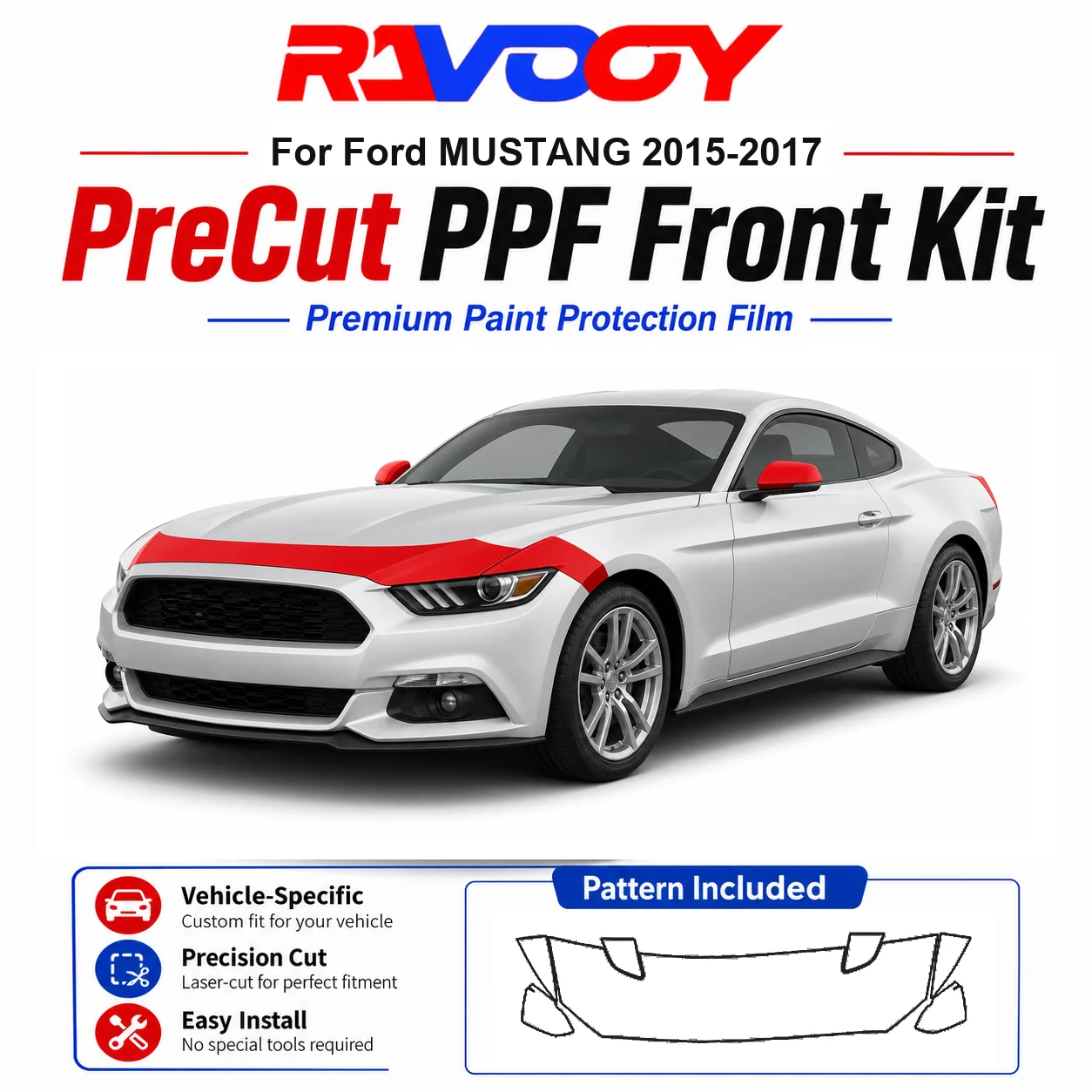 

8.5mil TPU Precut PPF Kit For Ford MUSTANG 2015-2017 - Hood, Fenders & Mirror Set - Self-Healing Clear Bra Film