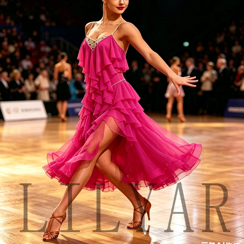 Latin Dance Costume Short Stretch Mesh Shiny Diamond Decoration Competition Costume Performance Customized Women Adults Children