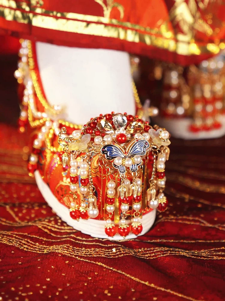 High Quality Handmade Ming Red Chinese Style Han Clothing Wedding Shoes Height Increasing Insole Ancient Xiuhe Brocade