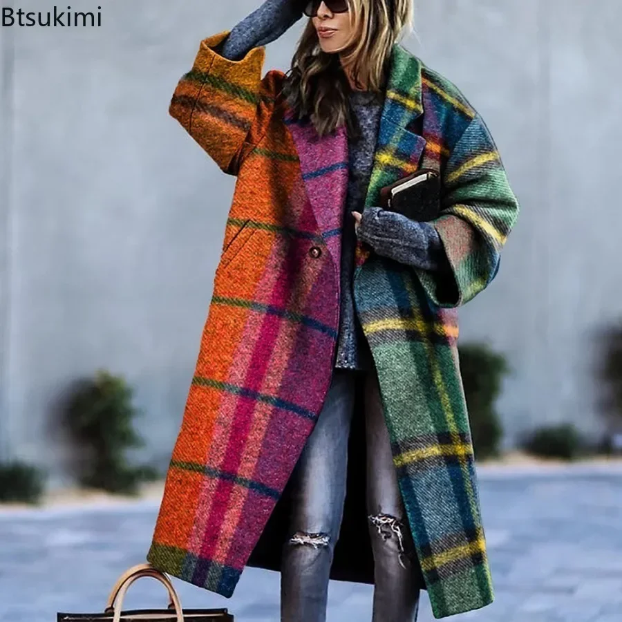 New 2024 Spring Autumn Women\'s Overcoats Matching Plaid Long Sleeve Lapel Coat Printed Woolen Coat Women Clothes Female Coats