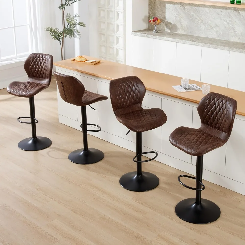 مجموعة من 4 مقاعد بار دوارة حديثة قابلة للتعديل لجزيرة المطبخ، وكراسي ذات ارتفاع مضاد مع مقعد من الجلد الصناعي