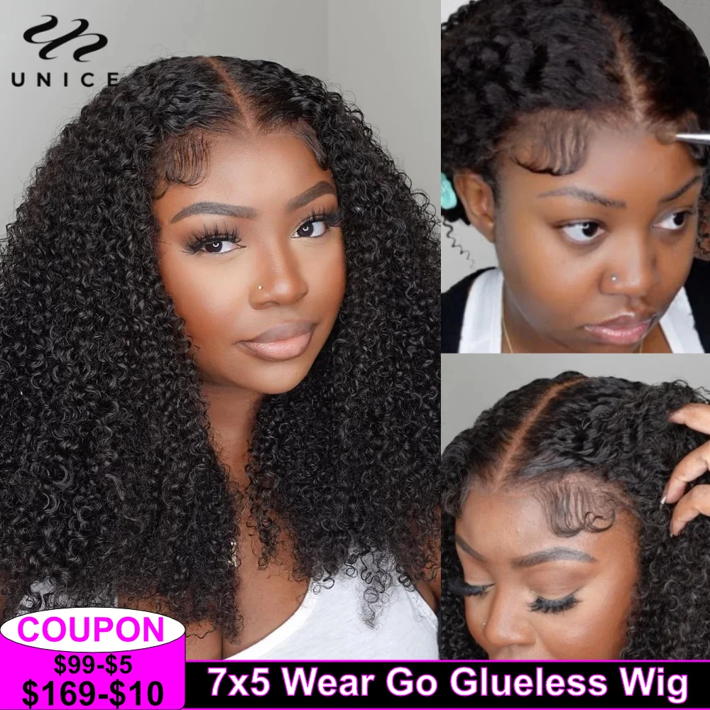 

Kinky Curly 7x5 Lace Wig Pre Bleached Pre Plucked Pre Cut Lace Closure Wig Human Hair Wear Go Glueless Wig for Beginners