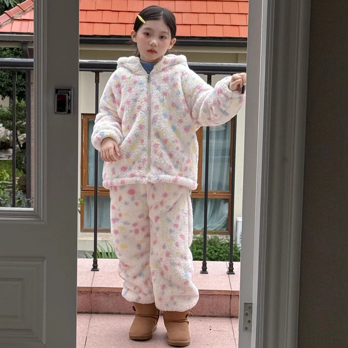 Winter Kids Girls 2PCS Pajamas Clothes Padded Children Girls Hooded Zipper Coat Suits Thicken Colorful Dot Fleece Homewear Pants