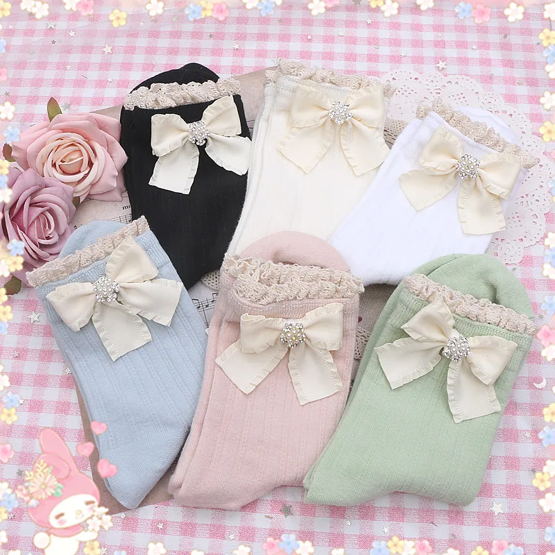 Japanese Rojita Sweet Lady Cute Bow Rhinestone Bucket Gentle Color Lace Socks Four Seasons Universal Women's Clothes Accessories