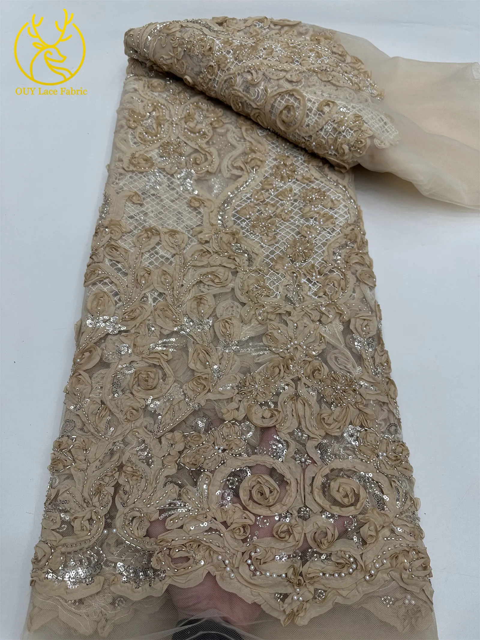 3D Afrikanischer Perlen-Spitzenstoff Schwarz Rot Luxuriöser Hochwertiger Französischer Pailletten-Tüll für Damen Abendkleid DIY Nähen 5 Yards – Detail 28