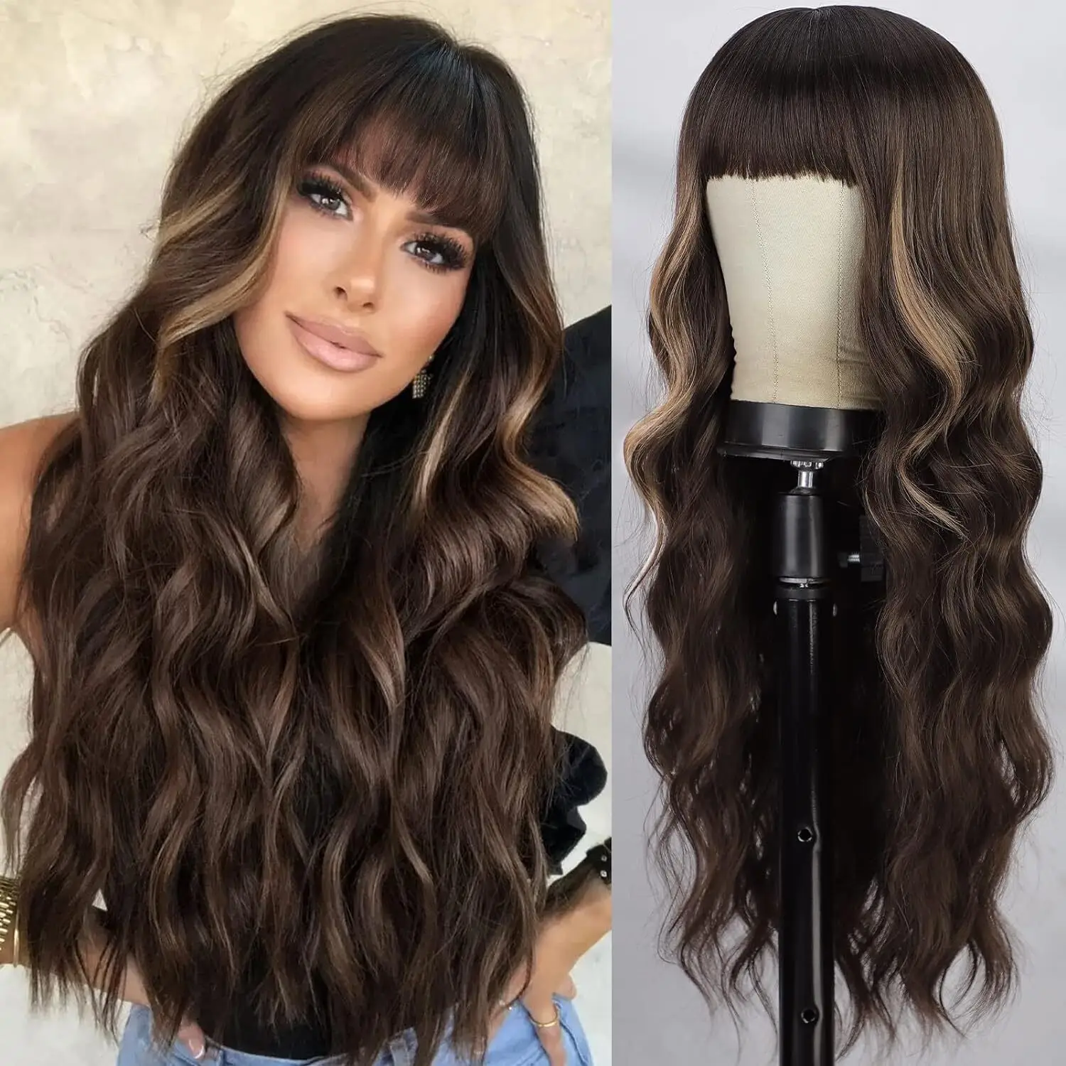 Ombre marrom peruca longa ondulada sintética com franja fofa para mulheres cabelo natural marrom loiro destaque perucas para uso diário cosplay