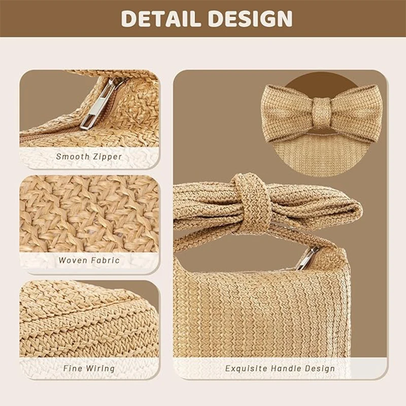 Handmade Straw Bow Tote Handbag for Women 2024 Summer Beach Woven Evening Hobo Bag for Party Wedding Travel Wristle Clutch Purse