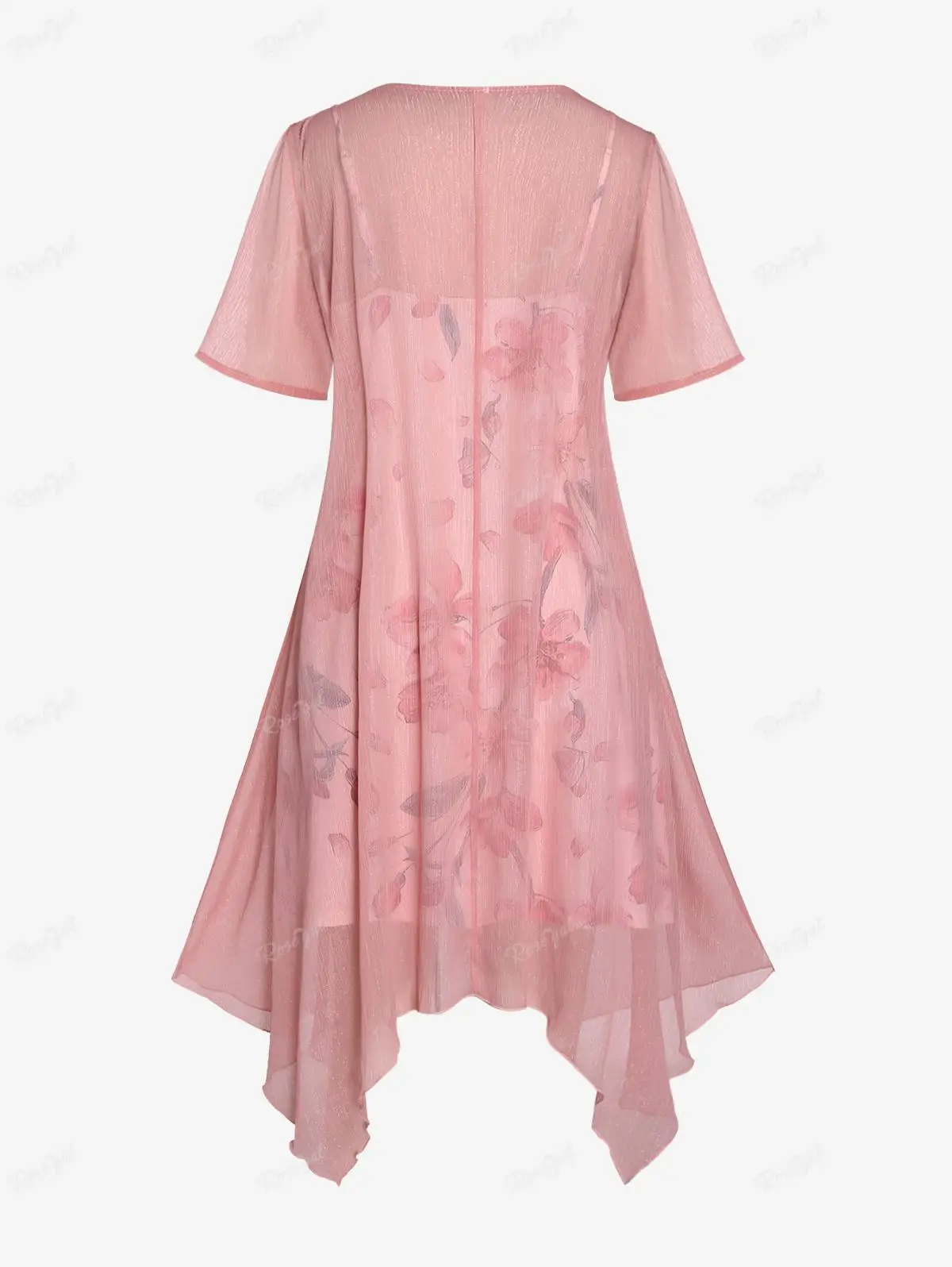 ROSEAGL Plus Size Casual Dresses for Women Summer Light Pink Robe Curve Blouse, Flower Print, Spaghetti Strap Dress 2 Pieces