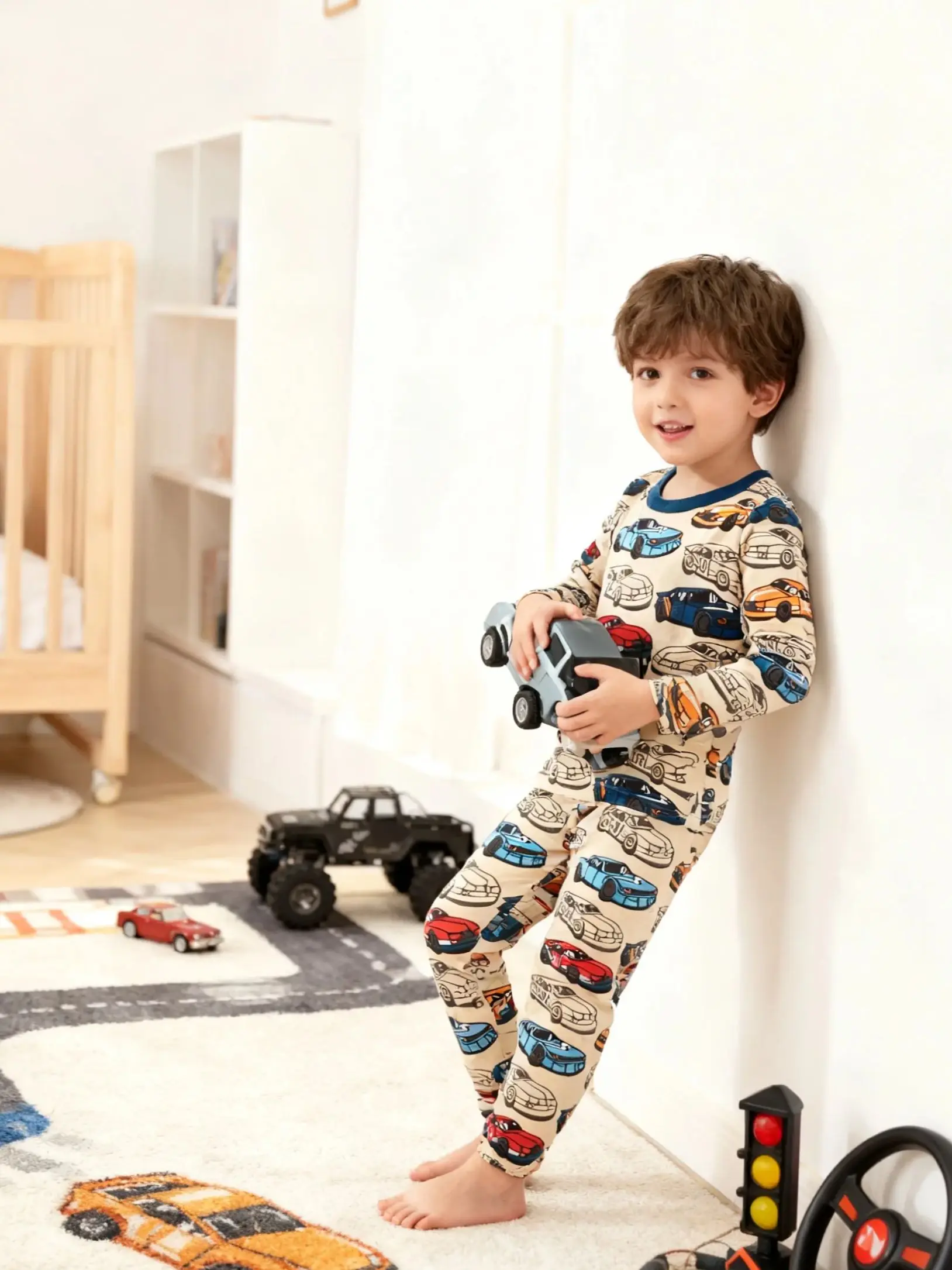 Kinderkleidung 100% Baumwolle Schlafanzug-Set für Jungen, Vollbedrucktes Cartoon-Auto Kinder-Schlafanzug-Set für 1-8 Jahre – Detail 2