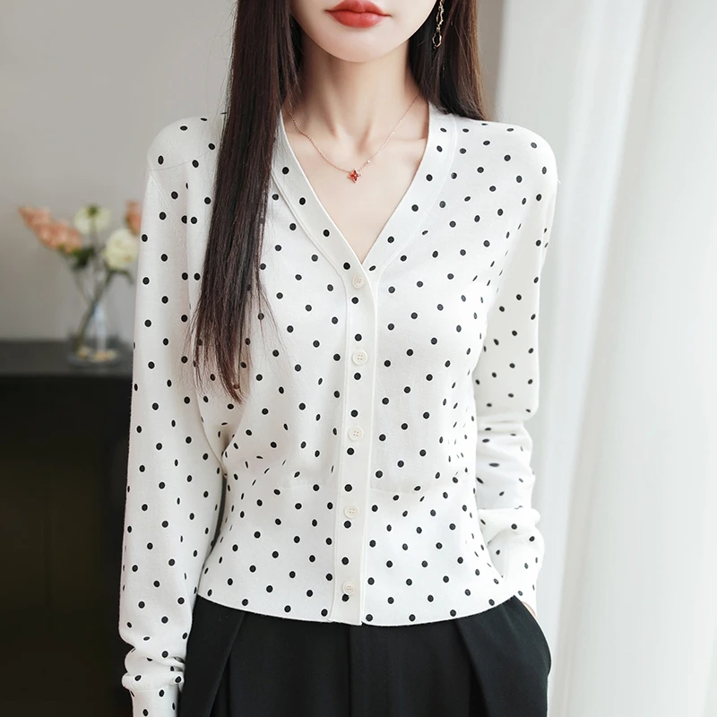 

Laisel Ice Silk Polka Point Cardigan Women's Sunscreen Outerwear Summer Thin Long Sleeve Knitted Shirt Loose Large Top