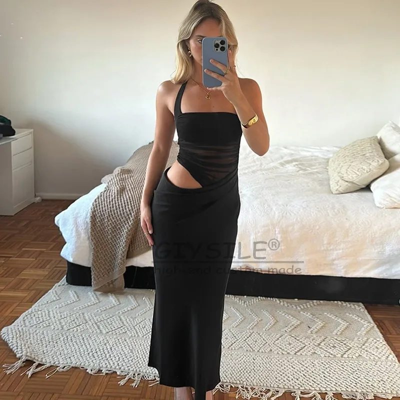 

GIYSILE Sexy Gauze 2025 Stitching Dress Slim Backless Solid Color Waist Hanging Neck Temperament Long Skirt Women's Dresses