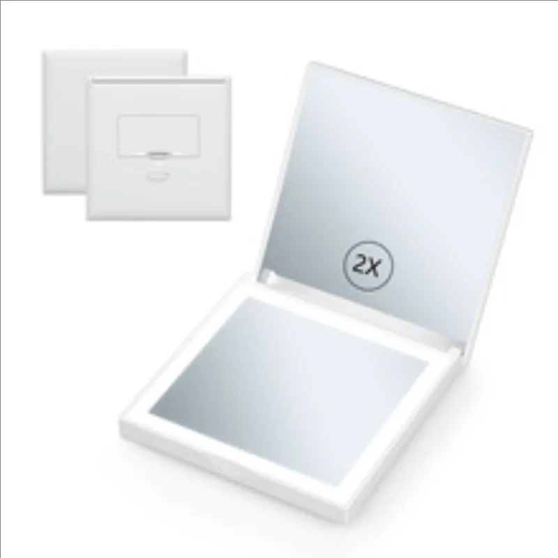 Portable Square Folding LED Makeup Mirror2Sided1x/2xMagnificationBattery Powered Vanity MirrorwithEdgeLightGiftLogoCustomization