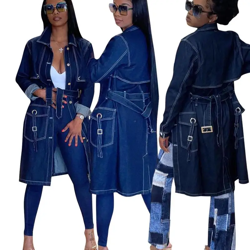 

Длинное джинсовое пальто-тренч для женщин: весенняя модная повседневная классическая синяя джинсовая ветровка для дам