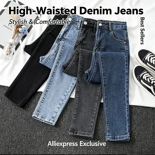 Czarne szare dżinsy damskie wyszczuplające przycięte spodnie eleganckie wszechstronne studenckie krótkie spodnie długie spodnie Slim Fit Sihouette wygładzanie