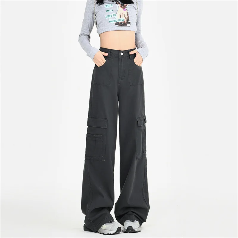 ใหม่สีทึบสบายๆกางเกงยีนส์ขากว้างเอวสูง, สุภาพสตรี Four Seasons แฟชั่นใหม่และกางเกงยีนส์คาร์โก้ยาวพื้นลําลองอเนกประสงค์