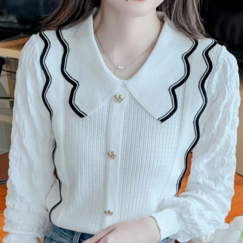 Spring Autumn New Doll Collar Long Sleeve Fashion Sweater Women High Street Casual Contrast Color Button Patchwork Pullovers