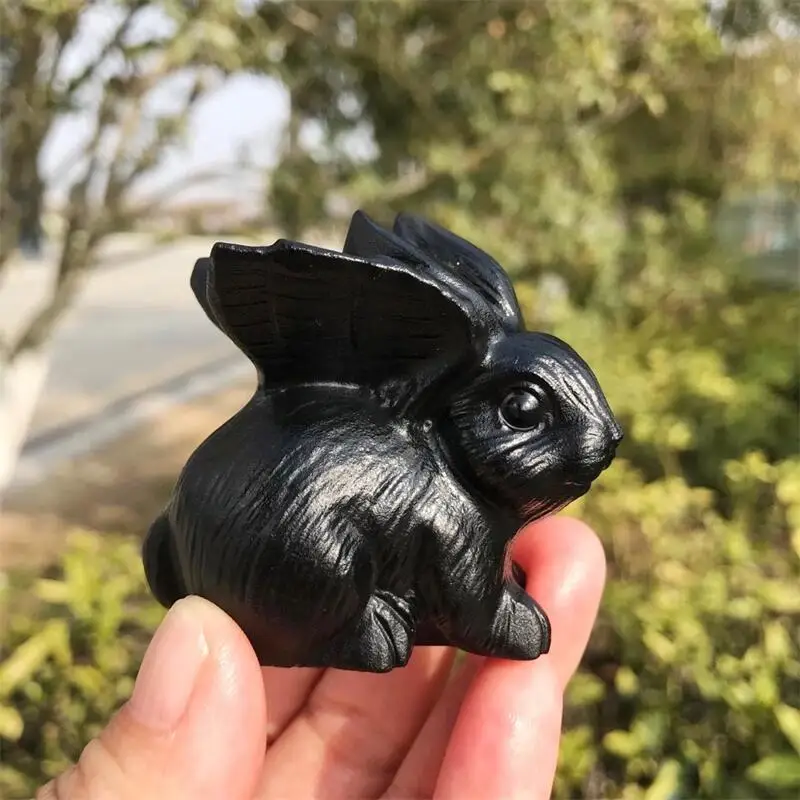 

Natural Black Obsidian Rabbit Crystal Cute Animal Carving Healing Healthy Children Toy Home Decoration Ornaments Gift 1PCS