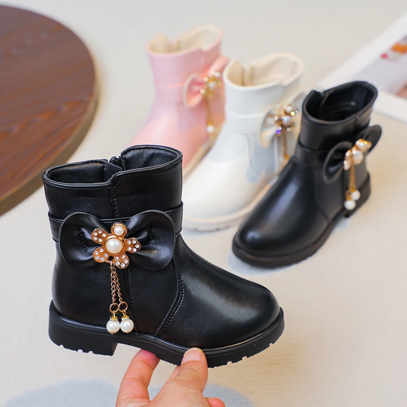 *Winter New Style Round Toe Comfortable Bow Casual Princess Boots Fashion Hot Selling Pearl Elegant and Beautiful Girls Boots