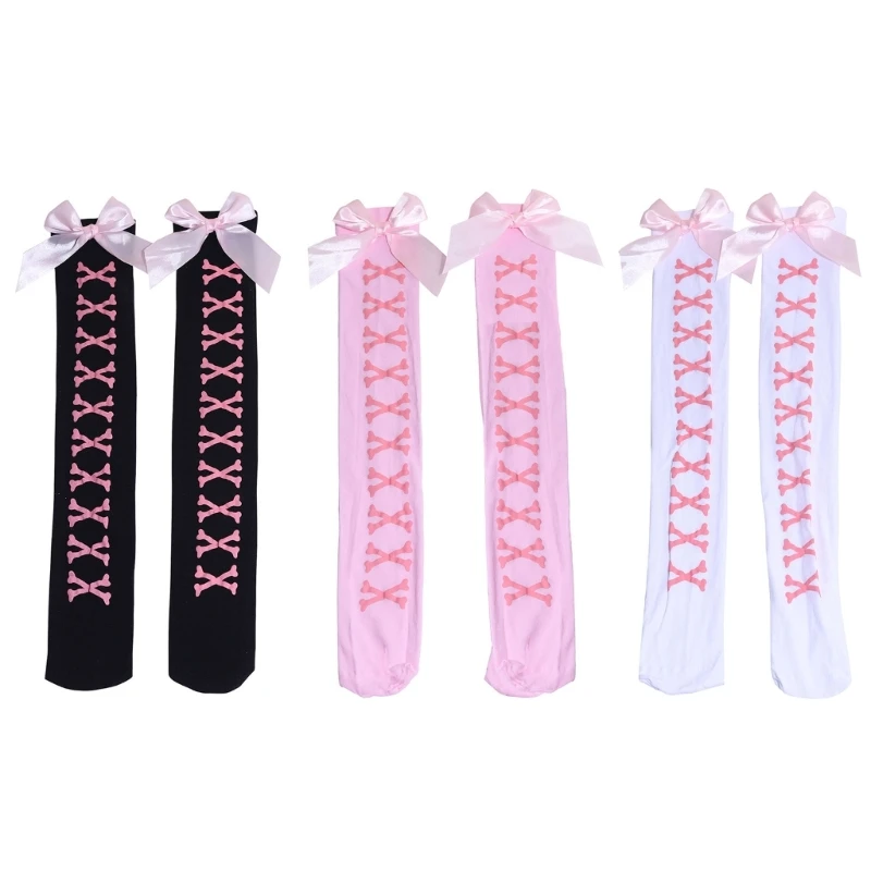 Women Skeleton Long Socks Bowknot Over Knee Thigh High Stockings for Halloween Cosplay Party Costumes Accessories