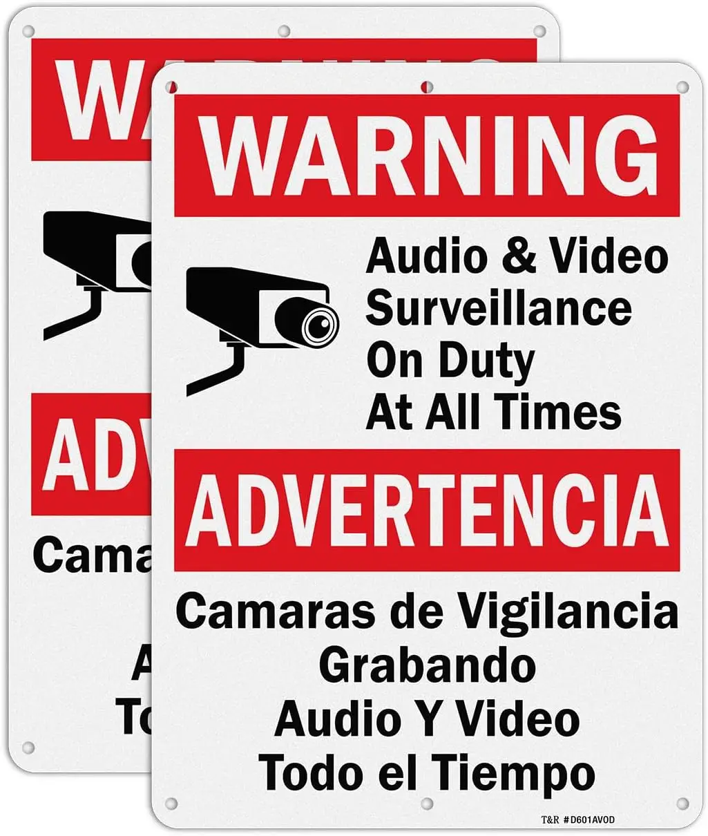 

Bilingual Video Surveillance Signs - 2 Pack, 10x7 Inches Aluminum, Reflective & Weatherproof with Pre-drilled Holes