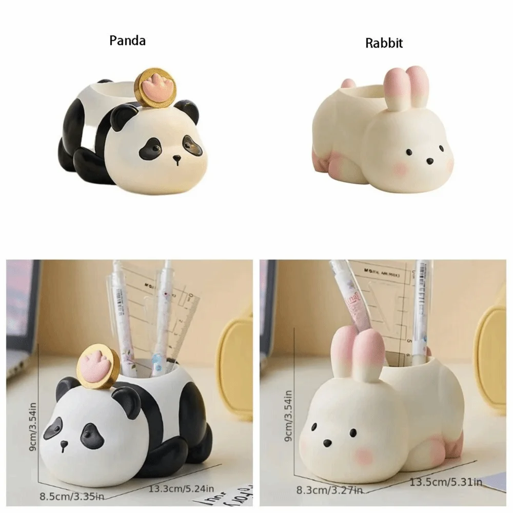 

High Aesthetic Cute Animal Pen Holder Cartoon Unique Resin Panda Statue Large Capacity Desktop Rabbit Ornament Home