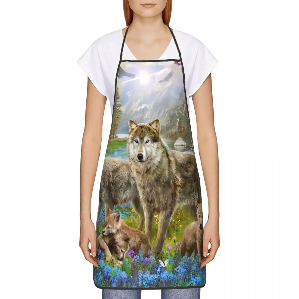 Custom Spring Wolf Family Funny Apron Women Men Adult Unisex Kitchen Chef Bib Tablier Cuisine Cooking Baking Painting