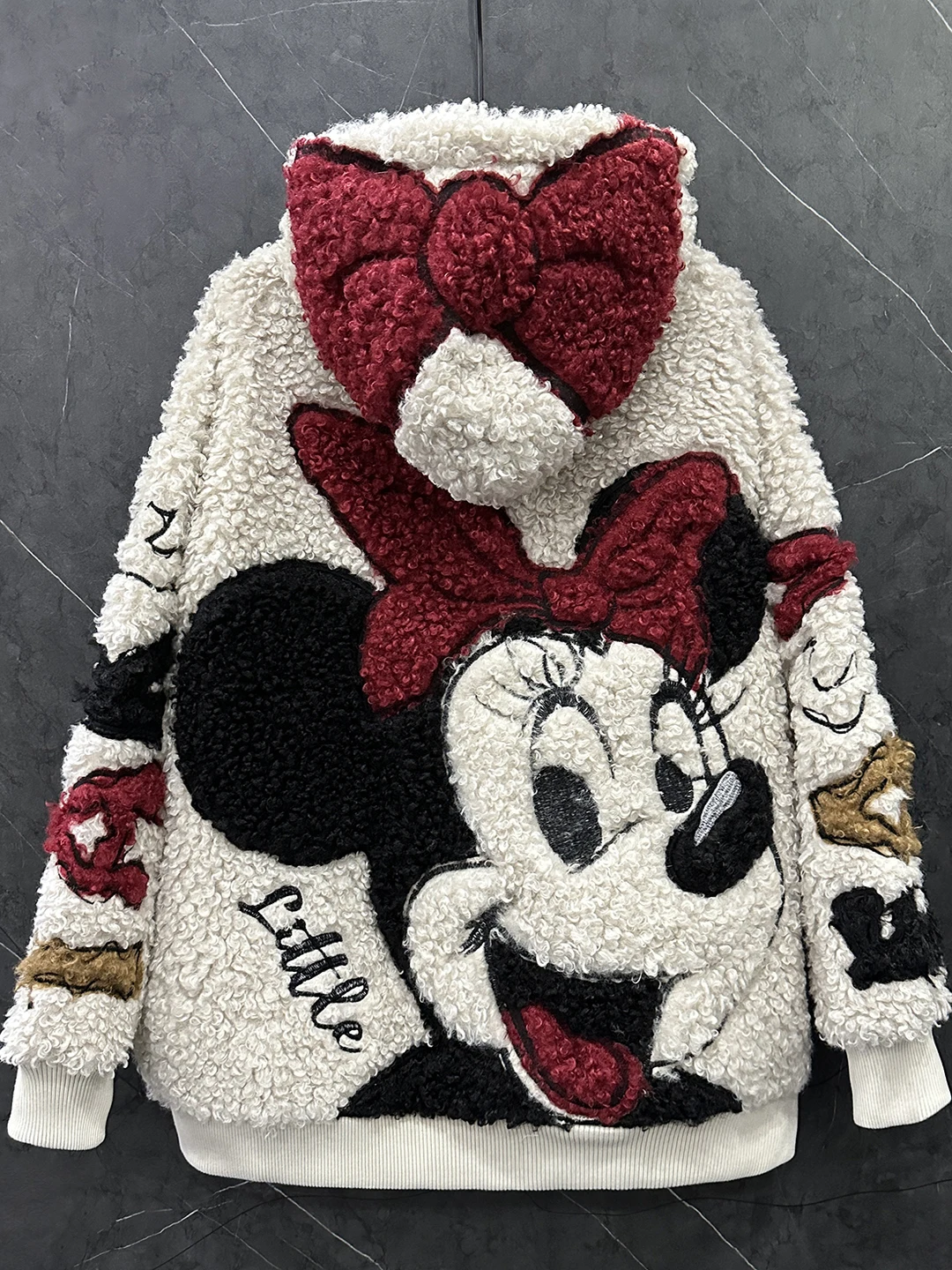 

Heavy Design Cartoon Lambswool Jacket Trendy Autumn Winter Zip Hooded Cardigans Top Embroidery Loose Long Sleeve Plush Coats