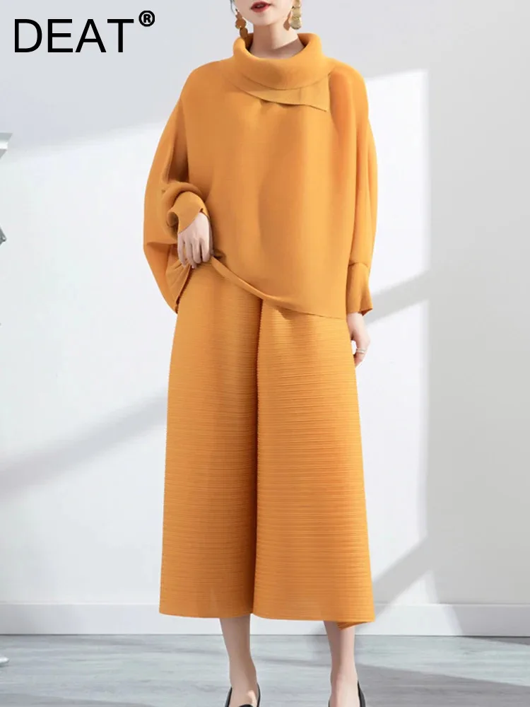 

DEAT Women Pleated Pants Sets Long Sleeve Loose Turtleneck Pullover Tops Wide Leg Pants Solid Color Female Suits 2024 New 15C493