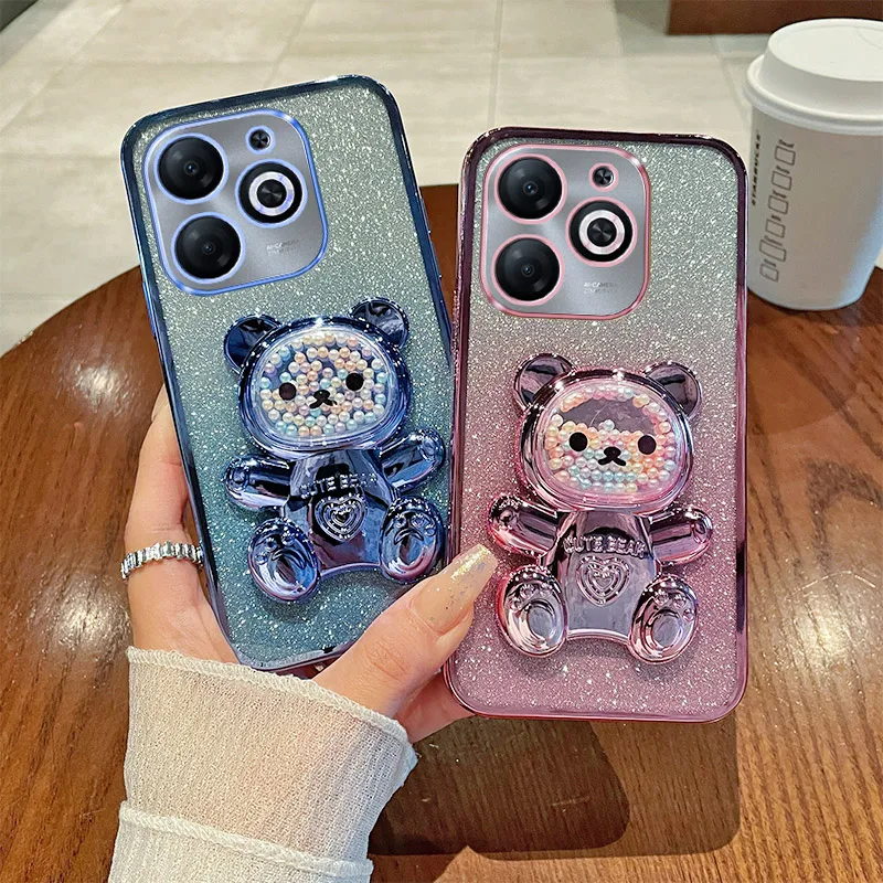 For itel P55 Case Soft Silicone Bling Shockproof Electroplated TPU Cell Phone Casing For A666L Back Cover Cute Bear Stand