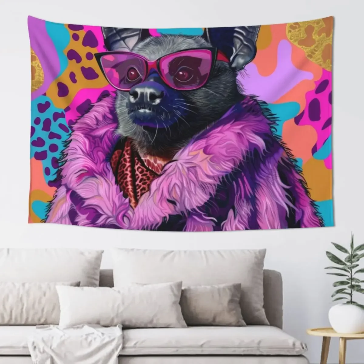 Funky Bat Portrait in Purple Fur Anthropomorphic Animal Fashion Art Tapestry On The Wall Cute Decor Tapestry