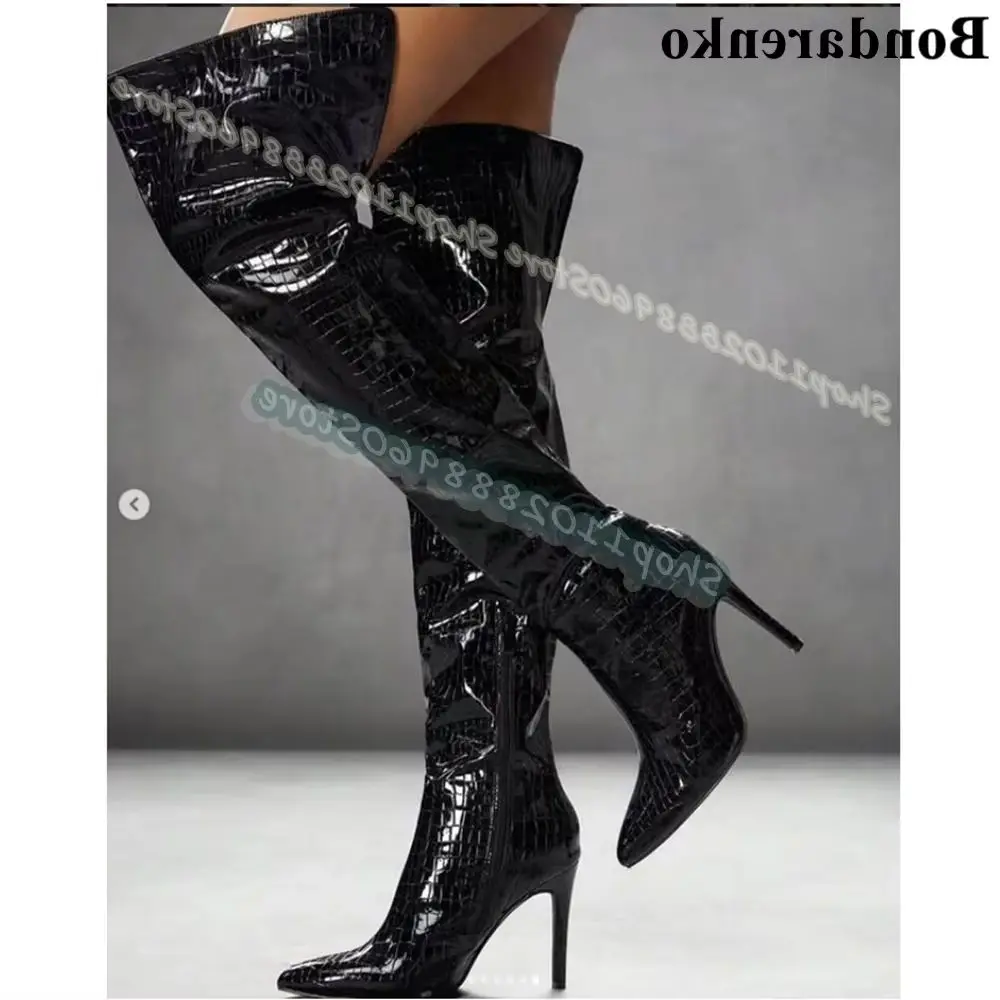 Over The Knee Black Crocodile Skin Pointy Leather Boots Thin High Heel Shoes For Women Side Zipper Pointed Toe Trending Boots