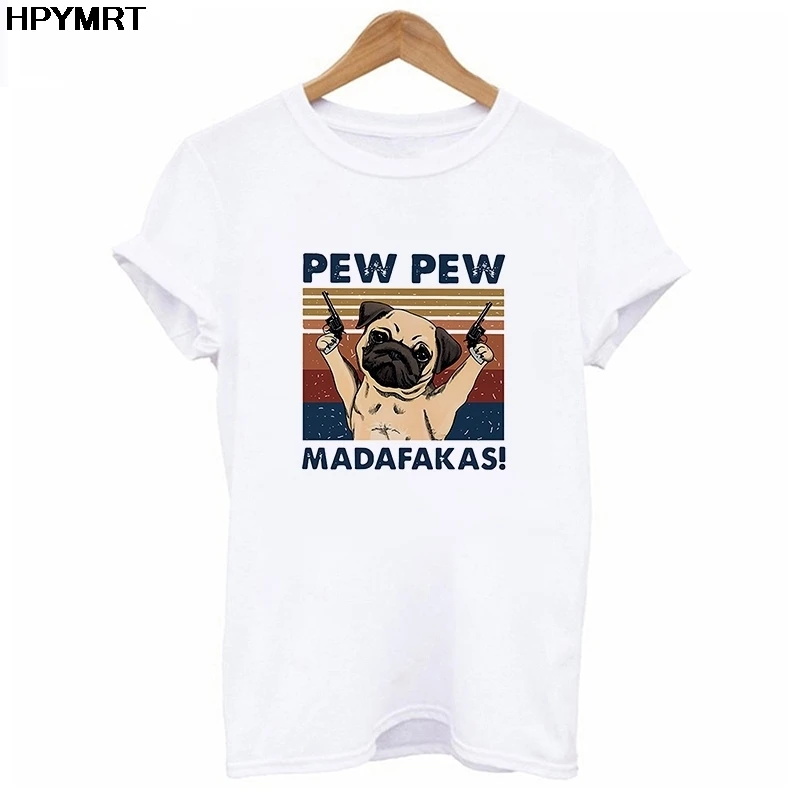 Dog Pew Pew Madafakas Print Tshirt Funny Cat Gangster With Gun Meme Women's T-Shirt 2020 Summer Short Sleeves T Shirt Woman Tops