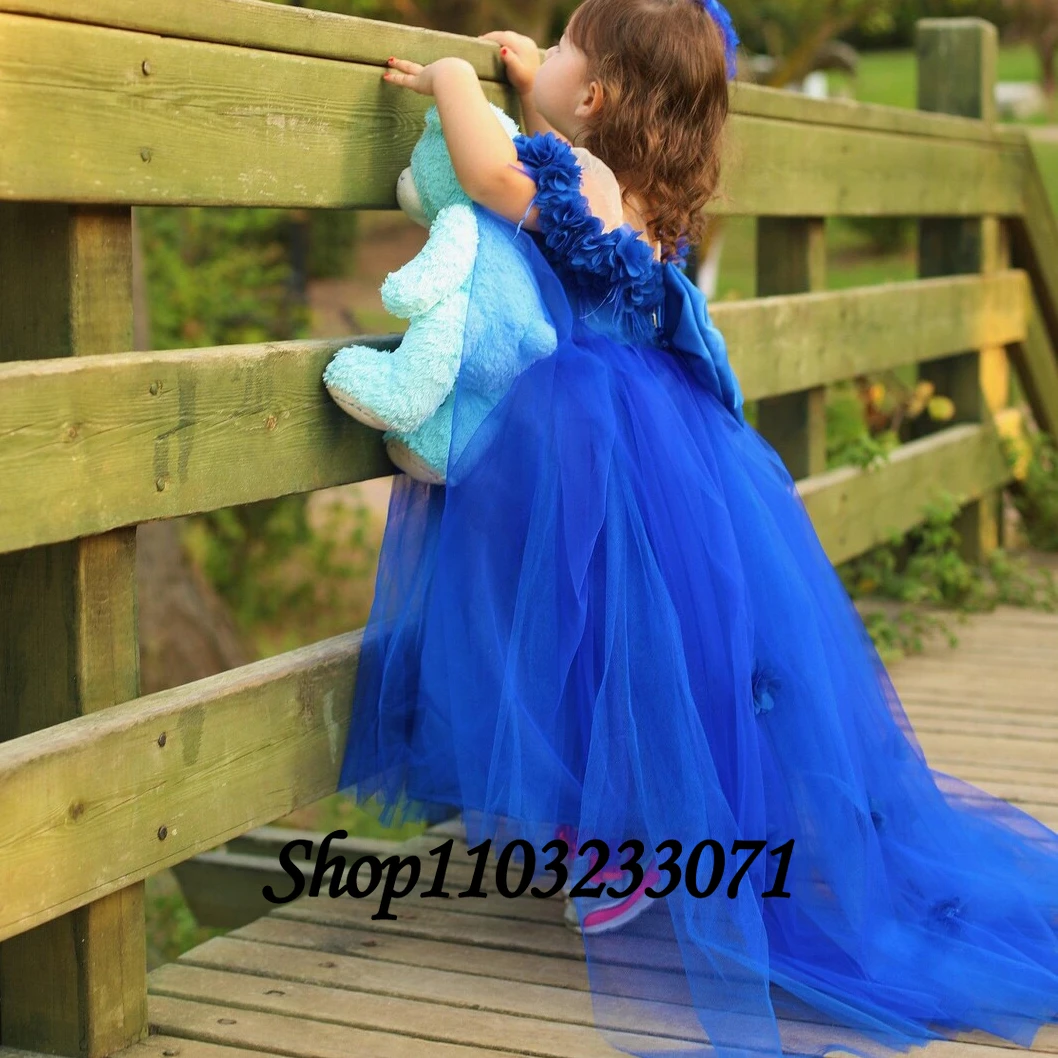 Royal Blue Flower Baby Girl Dress Train Beaded Bow Little Kids Princess Girls Wedding Birthday First Communion Party Dress