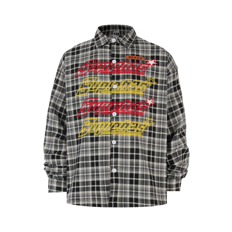 Flocking Embroidery Line Color Letters Pladi Long Sleeve Shirt Men Women Streetwear Casual Loose V-shape Blouse Leather Label