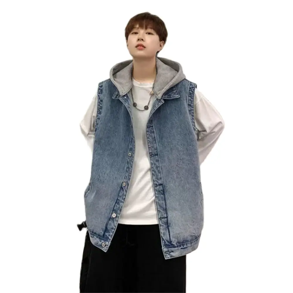 

Vests Men Denim Hooded Sleeveless Waistcoat Spring Vintage Harajuku Bf Couple Retro Button-Up Gielt Coats Loose All-Match Ins