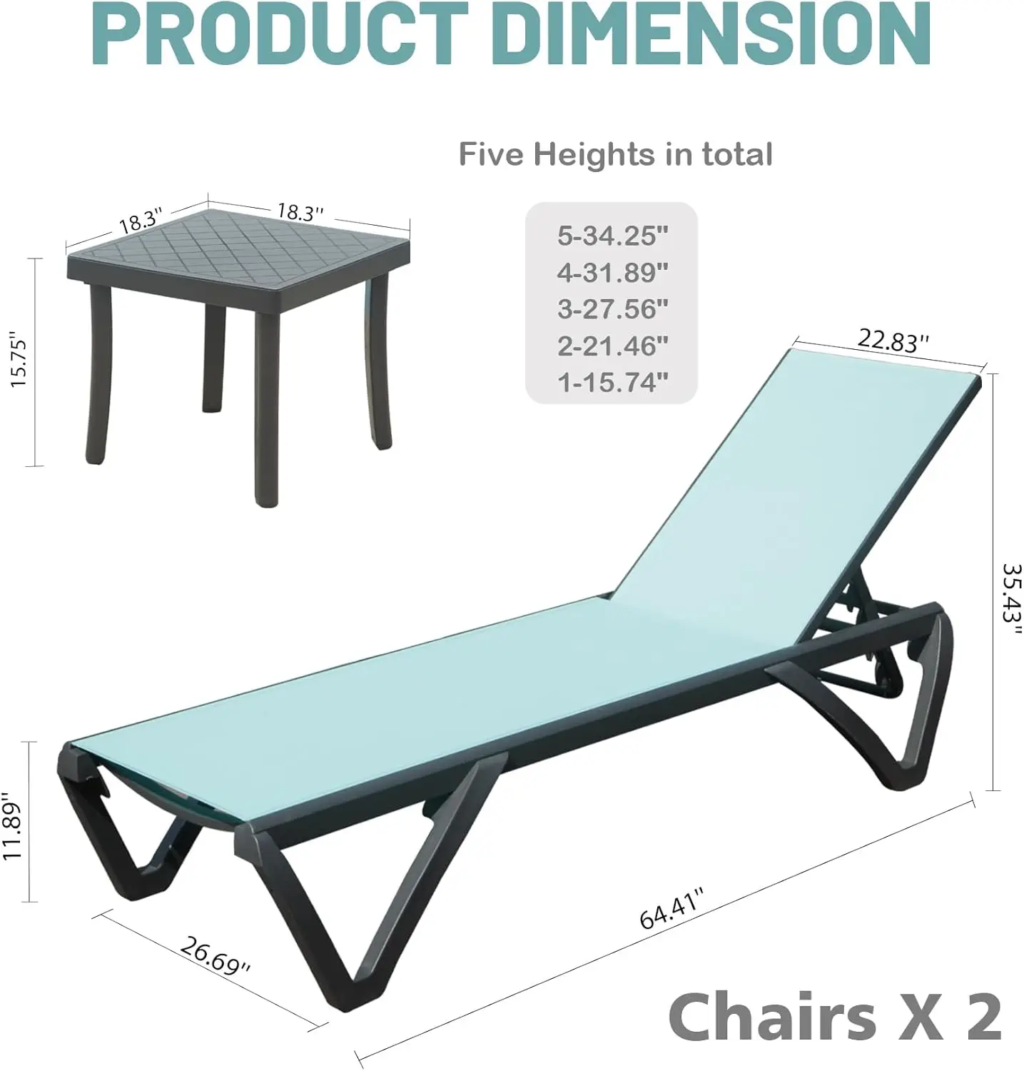 A Set of 3 Aluminum Pool Deck Chairs with Side Table 5 Positions with Adjustable Backs and Wheels Turquoise Blue