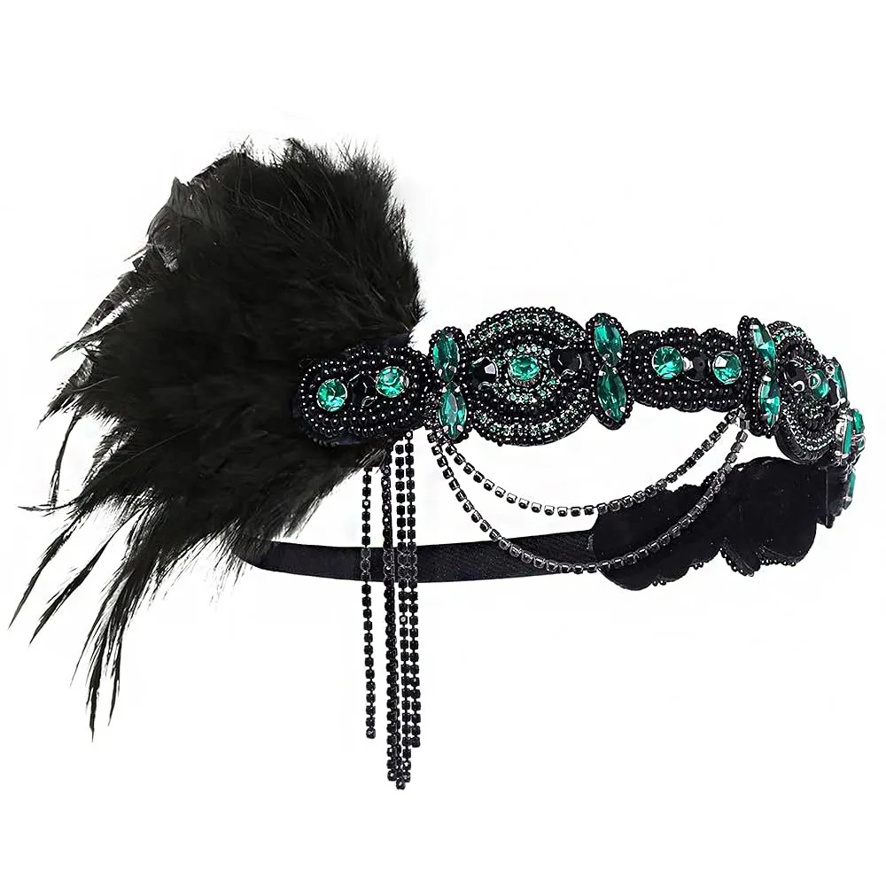 Vintage Gatsby Style Feather Headband Fascinator Zircon Cosplay Dress Headwear Crystal Rhinestone Flapper Headband