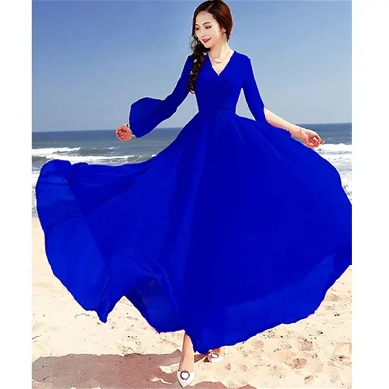 2024New Summer Chiffon Women\'s Long Dress Fashion V-Neck Split Long Sleeves Solid Bohemian Beach Dress Lady Party Dresses Female