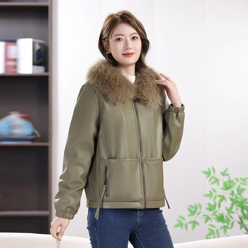 Women's Faux Leather Jacket With Large Fur Collar Long Sleeve Stylish Slim Fit Comfortable Versatile Commuter Daily Wear Jacket
