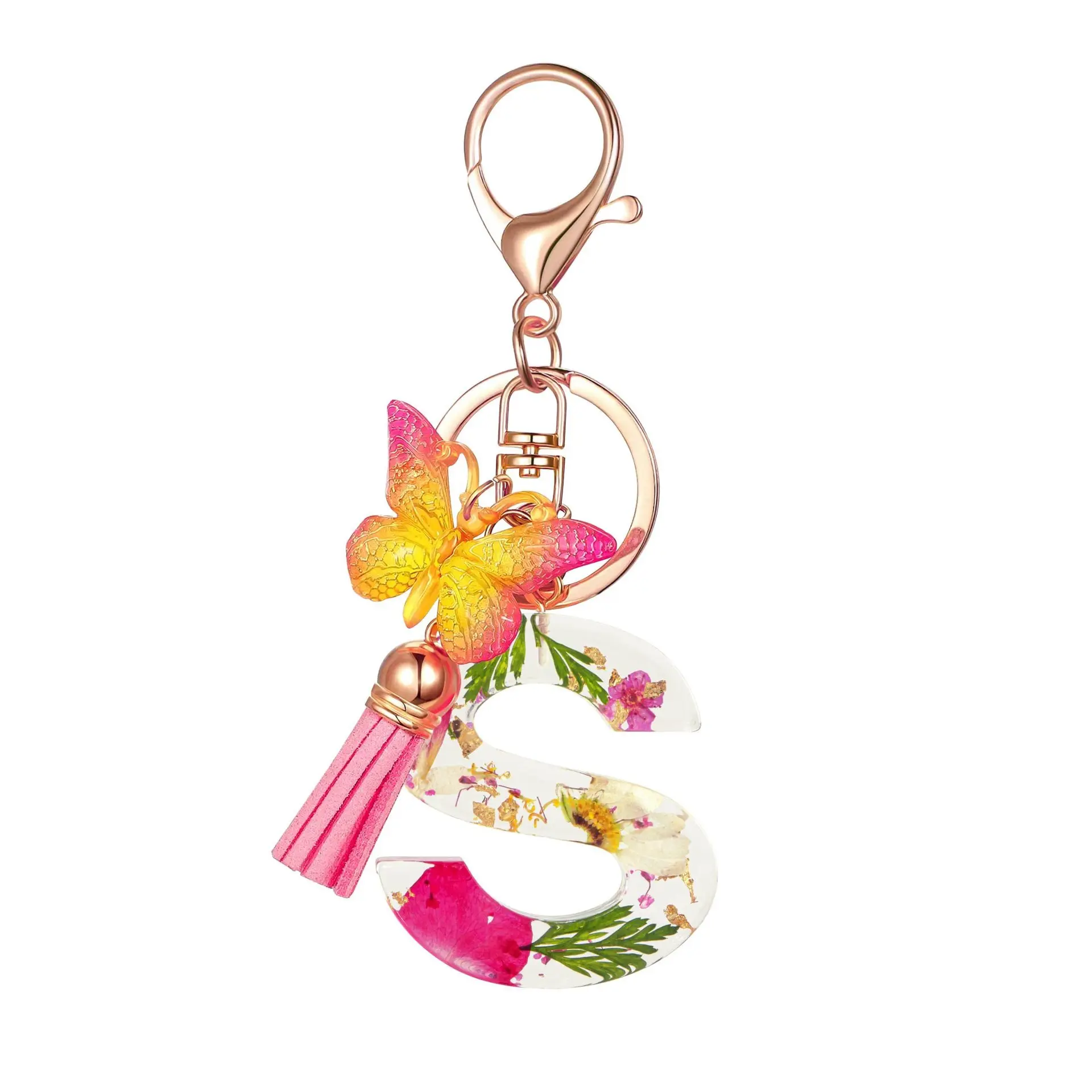 New Tassel Butterfly Flower Resin Keychain Versatile 26 Letter Keychain Backpack Pendant Wholesale